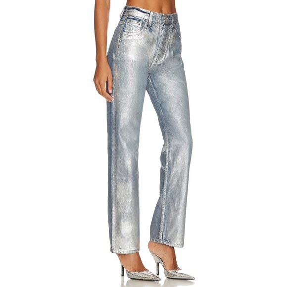 EB Denim Metallic Silver Blue High Rise Straight Leg Jeans - Picture 4 of 8
